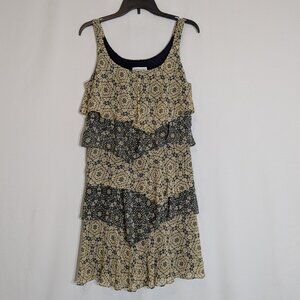 BETHANY Beige/Blue Patterned Sleeveless Ruffled Short Tank Dress; Size 8